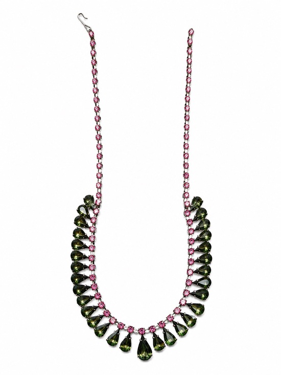 Vintage Jewelry - Vintage Pink Rhinestone Olive Green Teardrop Bib Necklace